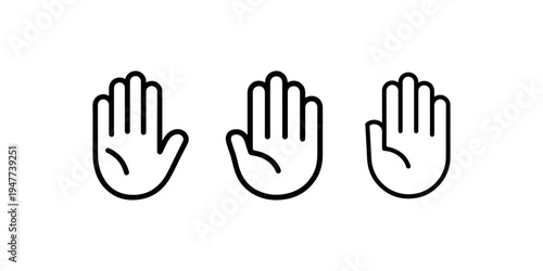 Set of three open hand icons in outline style, isolated on white background. vector illustration of stop gesture