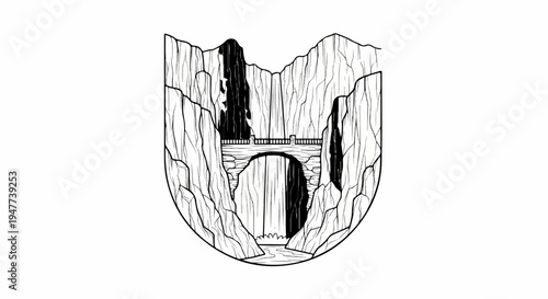 Stone bridge arches over a cascading waterfall in a rocky gorge