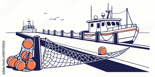 A fishing boat with nets and buoys on the dock Vector
