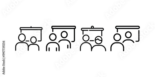 Set of four people in front of a presentation screen icons, isolated on white background. vector illustration