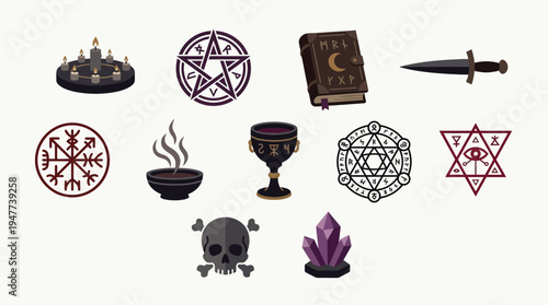 A collection of mystical and occult symbols, including a pentagram, a grimoire, a chalice, and a skull, representing witchcraft and esoteric practices.