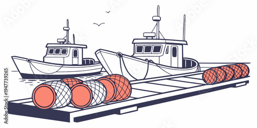 A boat on a barge with barrels Vector