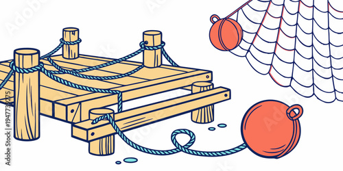 A wooden trap with a net and several orange buoys Vector