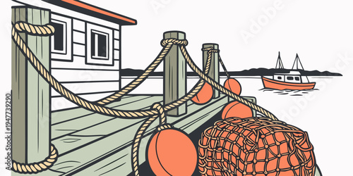 A wooden dock with ropes and buoys Vector