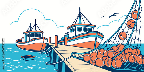Boats are docked at a pier by the water Vector