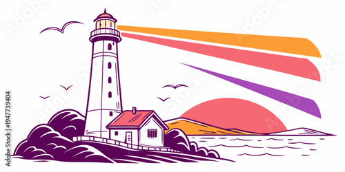 A lighthouse on a rocky coastline at sunset Vector