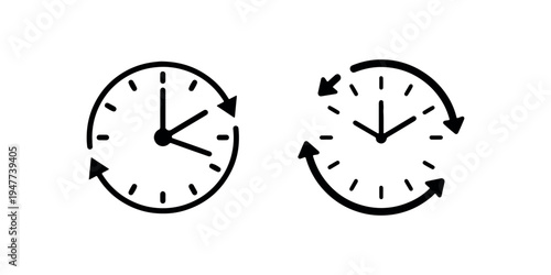 Clock time rotation icons set showing duration history and chronological order with arrows circling clock faces representing management schedule timing