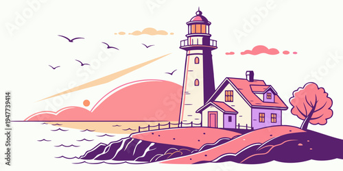A lighthouse on a hill with a house and a tree Vector