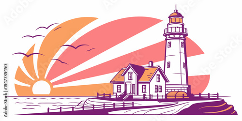 A lighthouse on a rocky coastline at sunrise Vector
