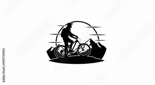 Silhouette of a cyclist with a backpack on a mountain bike, against a stylized sun and peaks