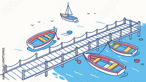 A dock with several colorful boats floating on the water Vector