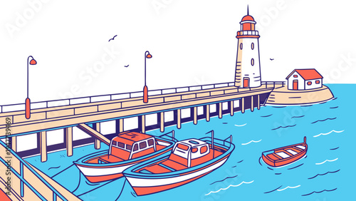 A pier with boats and a lighthouse by the sea Vector