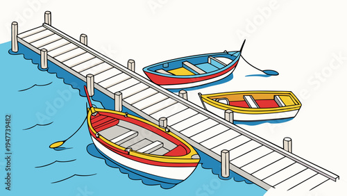Three small boats are docked at a pier Vector