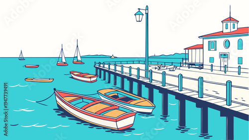A colorful pier with boats in the water Vector