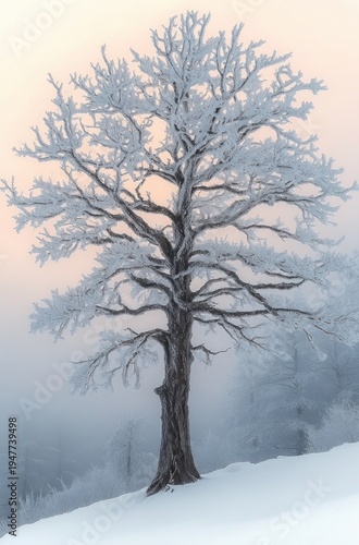 Solitary frost-covered deciduous tree on a snow-covered hillside with bare branches, misty forest in the background and a soft pastel sky, evoking calm and solitude