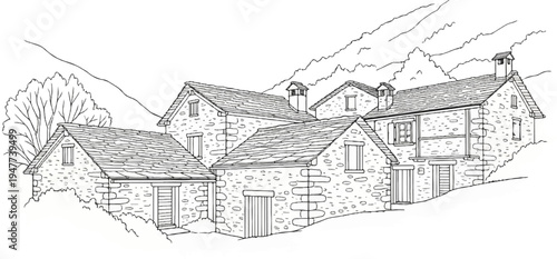 Stone cottages nestle against a mountainous backdrop in a detailed line drawing