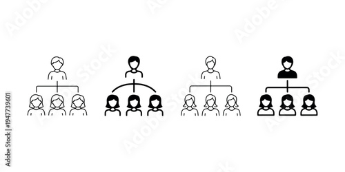 Business organization chart set featuring diverse team management icons with male and female symbols for company workforce structure and group planning