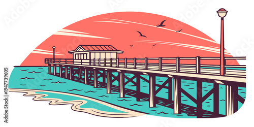 A pier stretches out into the ocean with a building at the end Vector
