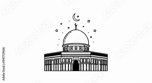 Simple line art depicts a dome structure with a crescent and stars overhead