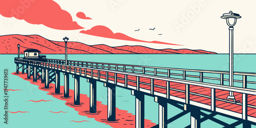 A pier with a lamp post on the right side Vector