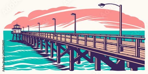 A wooden pier extending into the ocean Vector