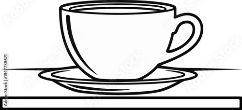 Simple line art drawing of a coffee cup and saucer on a shelf