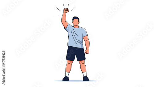 Strong man raises his fist high in the air as a gesture of victory, power, and determination after reaching a personal fitness goal.