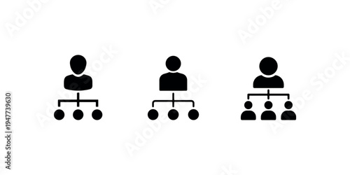 Corporate hierarchy organizational chart icons showing management structure with leader and employees in flat solid style for business planning and team