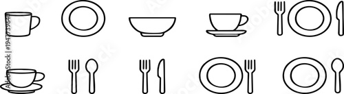 Tableware icons set, includes plates, bowls, cups, mugs, glasses, forks, spoons, and knives. Perfect for menus, apps, and branding.
