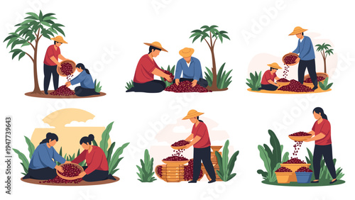 Hardworking coffee farmers process and sort freshly harvested red coffee beans in various poses under palm trees in a sunny field.