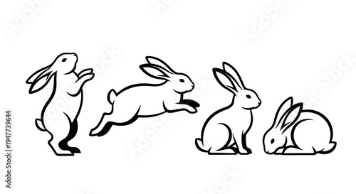 Four adorable rabbits in various playful poses, black and white illustration.