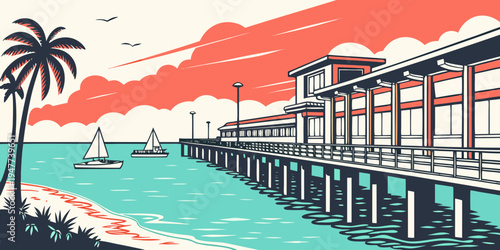 A pier with a building on it next to a palm tree Vector