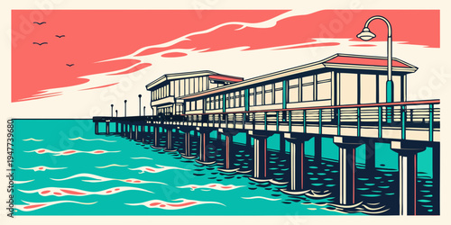 A pier with a building on top of it by the sea Vector