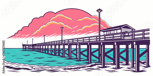 A pier with a mountain in the background Vector