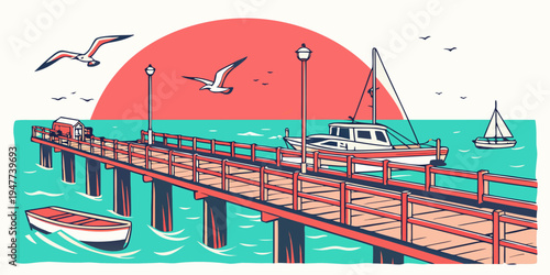 A pier with boats and seagulls at sunset Vector