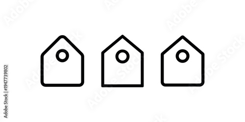 Set of three simple house shape price tag icons with hole detail for real estate marketing and retail label design isolated on plain white background