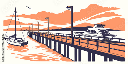 A pier with a boat docked at sunset Vector