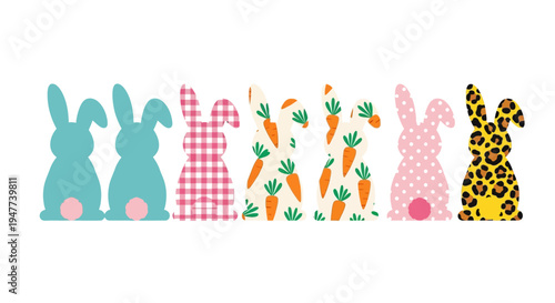 Collection of six unique Easter bunny silhouettes with various patterns and colors.