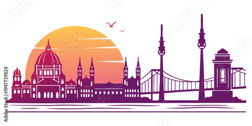 A purple silhouette of a city skyline at sunset Vector