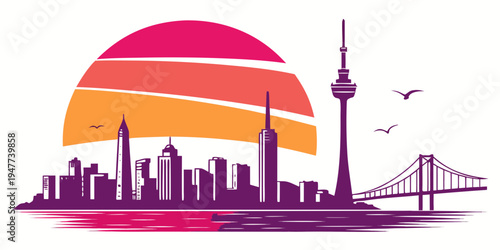 A city skyline with a tower and a bridge Vector