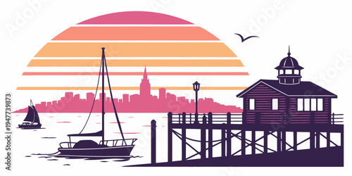 A pier with a building and a sailboat in the water at sunset Vector