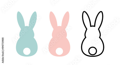 Three stylized Easter bunny silhouettes in pastel colors and outline form.
