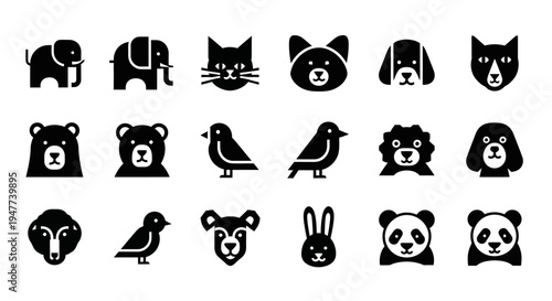 Collection of various animal icons in a minimalist black silhouette style.