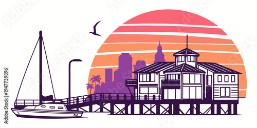 A pier with a building and a sailboat at sunset Vector