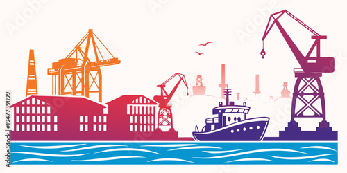 A cargo ship and cranes at a port Vector