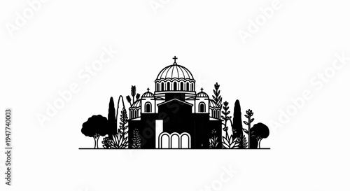 Silhouette of a domed building with crosses, surrounded by trees and plants