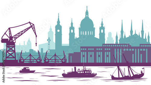 A city skyline with a crane and boats on the water Vector