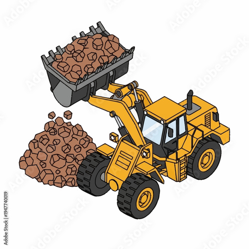 A yellow front loader moving brown material.