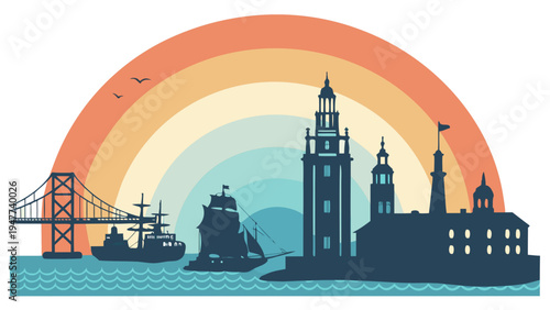 San francisco city skyline with rainbow Vector