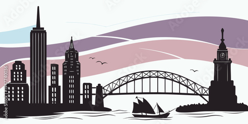 Silhouette of sydney cityscape with harbour bridge Vector
